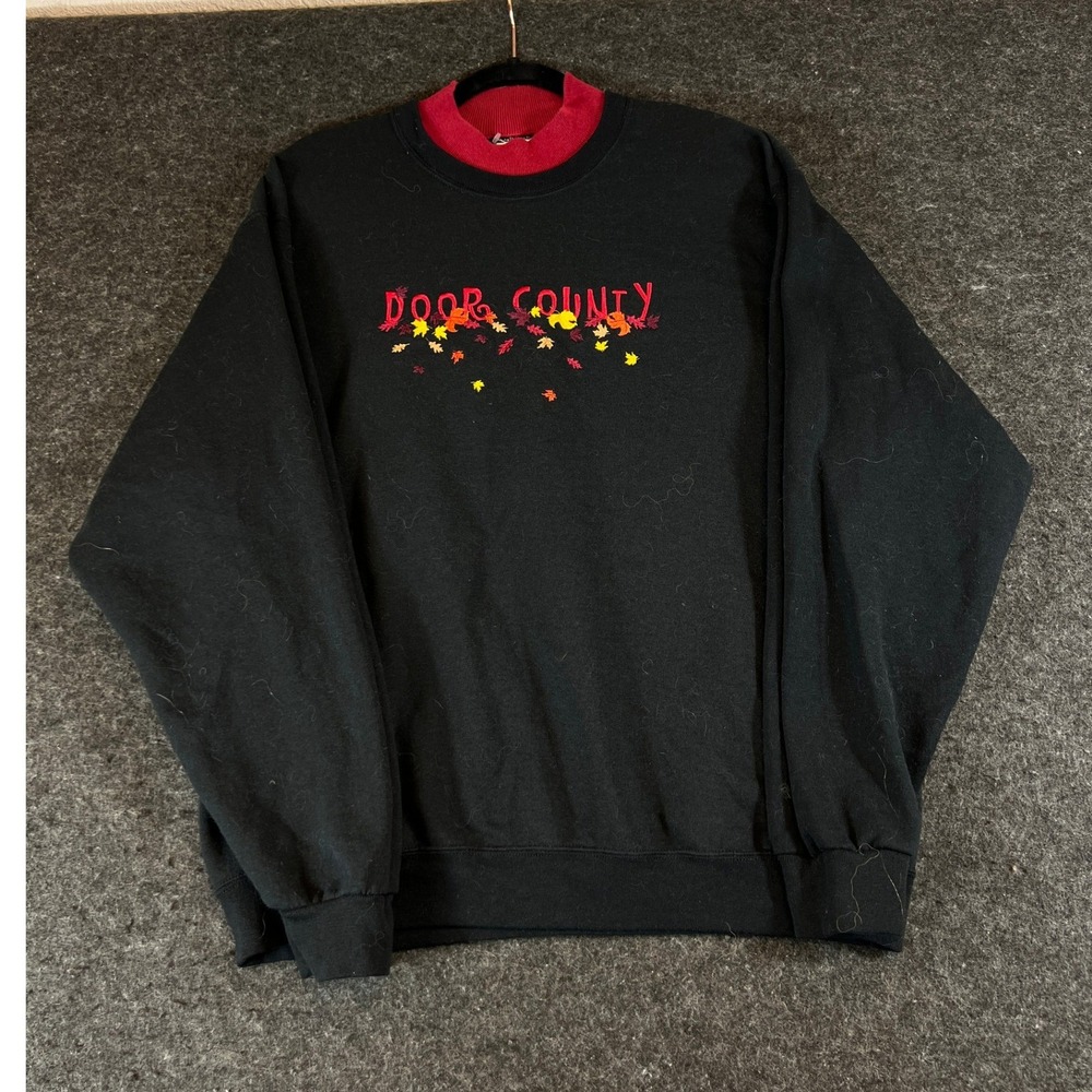 VTG 90s Door County Sweatshirt Womens Large Black Spellout Fall Leaves Crewneck